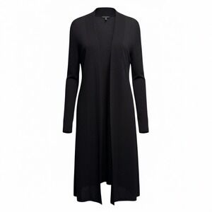 Eileen Fisher Black Open-Front Long Italian Wool Cardigan Textured Knit | Size L